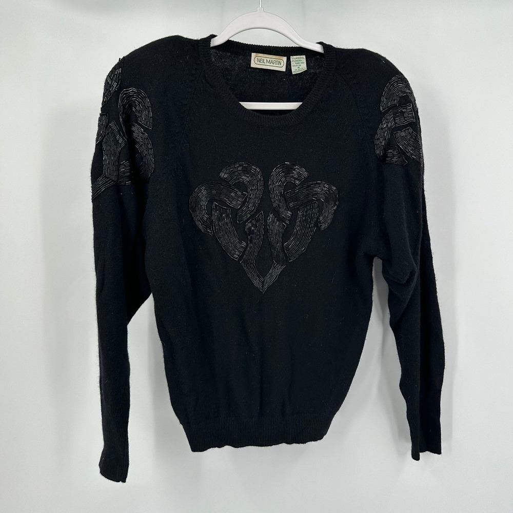 Womens Vintage Grandma Sweater Size M Angora Lambswool Beaded Glam 80s